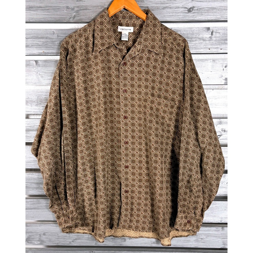 Claiborne Mens XL Rayon Button Down Shirt Geometric Abstract Long Sleeve Vtg y2k